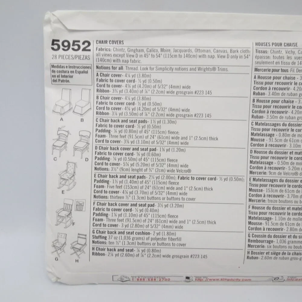 Simplicity 5952 Chair Covers & Pads ONE SIZE Home Decorating Easy DIY